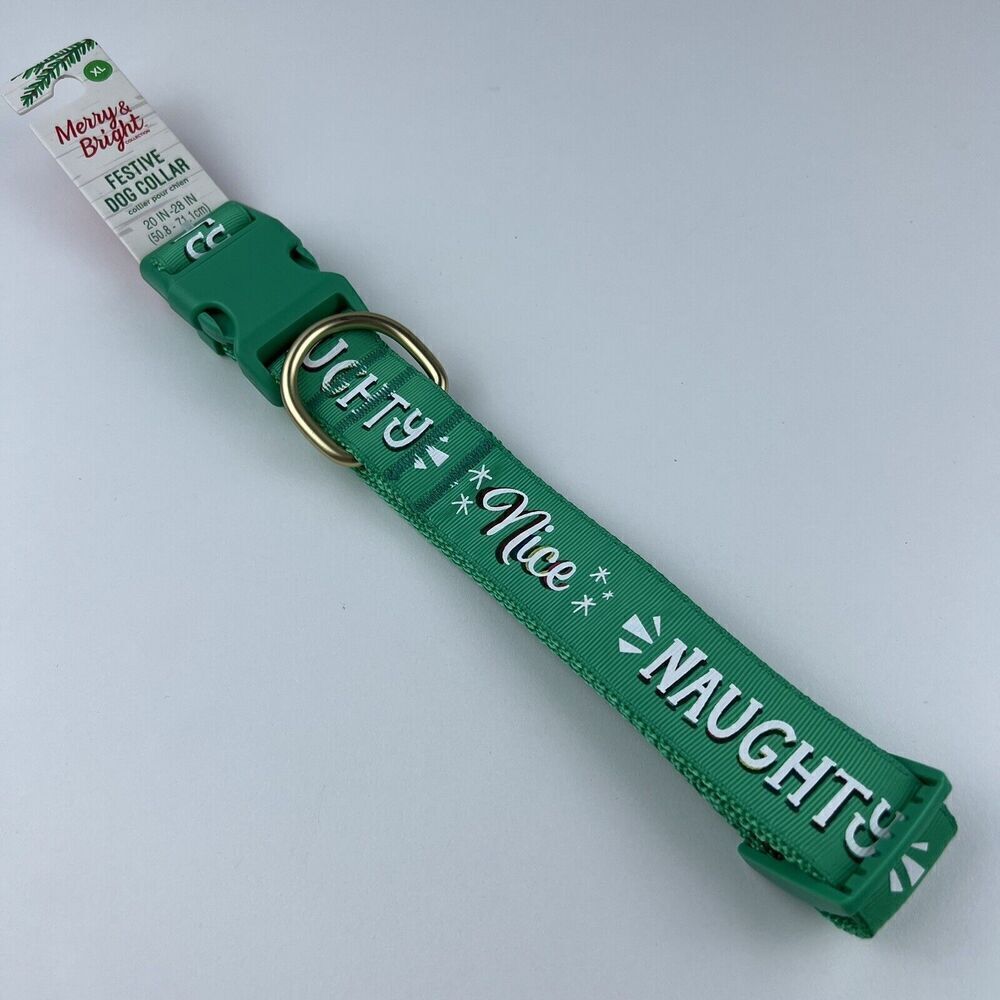 Merry Bright Adjustable Holiday Themed Dog Collar “Naughty Nice” Green Size XL
